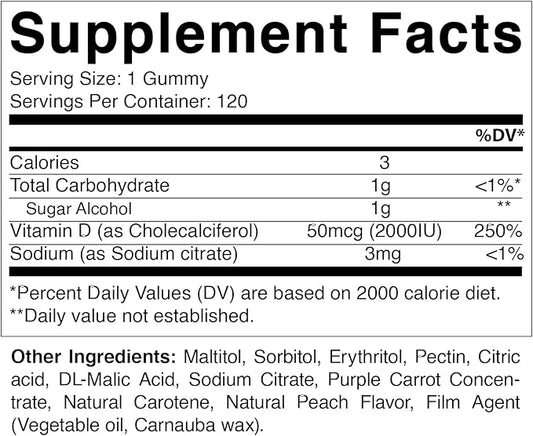 Vitamatic Sugar Free Vitamin D3 2000 IU - 120 Pectin Based Gummies - Great Taste - Healthy Bones, Mood & Immune System Function - Non-GMO - 120 Servings