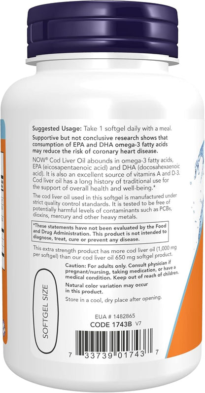 NOW Supplements, Cod Liver Oil, Extra 1,000 mg D-3, EPA, 90 Softgels