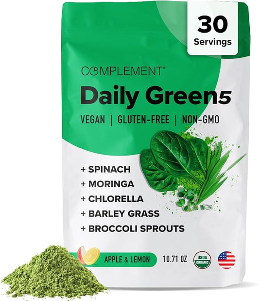 Complement Daily Greens Powder, Super Greens Powder Superfood- Wholefoods, Organic Chlorella Powder, Barley Grass Juice Powder, Broccoli Sprouts- Immune Support, Brain Health, Metal Detox- 30 Servings