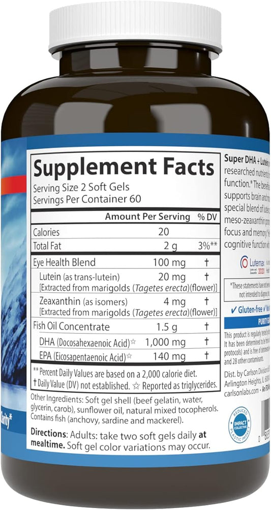 Carlson - Super DHA Plus Lutein, 1000 mg 20 mg 120 Softgels