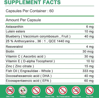 Astaxanthin Supplements, Astaxanthin 6mg with Lutein 3 Resveratrol 60 Softgel