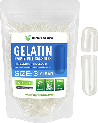 XPRS Nutra Size 3 Empty Capsules - 100 Count Empty Gelatin Capsules - Empty Pill Capsules - DIY Capsule Filling - Clear Pure Bovine Pill Capsules Empty Gel Caps