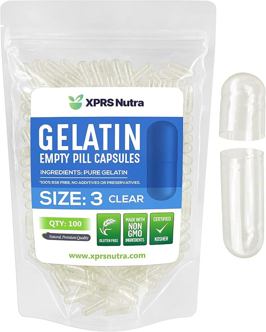 XPRS Nutra Size 3 Empty Capsules - 100 Count Empty Gelatin Capsules - Empty Pill Capsules - DIY Capsule Filling - Clear Pure Bovine Pill Capsules Empty Gel Caps