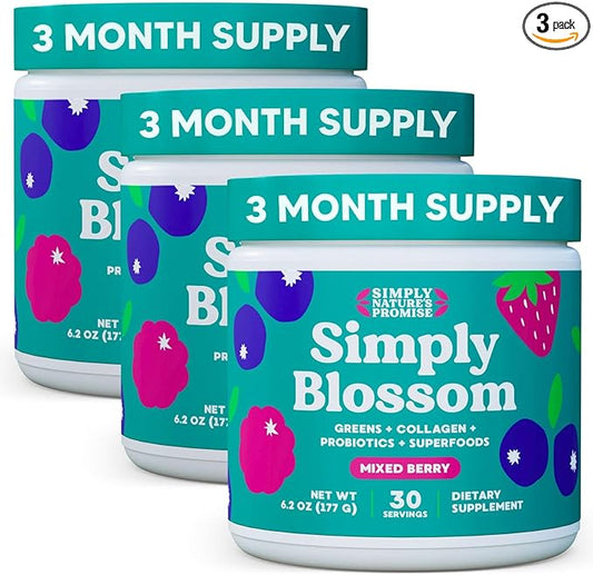 Simply Nature's Promise Blossom Nutrition - Daily Greens & Superfood Powder + Collagen + Probiotics for Women's Digestive Health & Bloating Relief. Help Your Health Bloom - 3 Month Supply