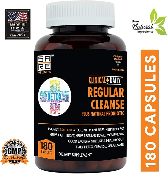 Clinical Daily Regular Cleanse Plus Natural Probiotic - Colon Cleanse & Gut Detox Supplement - Assists with Energy and Constipation Relief - Herbal Dietary Fiber Psyllium Husk Capsules - 180 Count