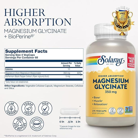 SOLARAY Magnesium Glycinate Capsules, Chelated Magnesium 68 Serv, 275 VegCaps