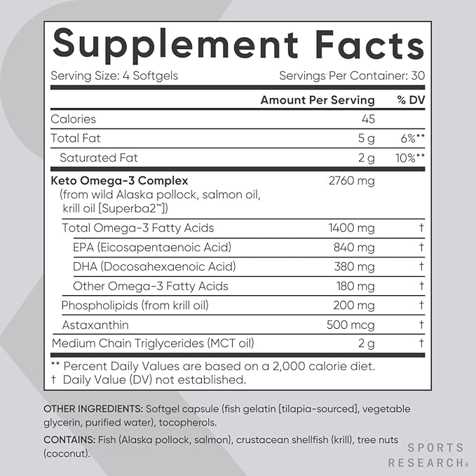 Sports Research Keto Omega Fish Oil with Wild Sockeye Salmon, Antarctic Krill Oil, Astaxanthin & Coconut MCT Oil - 1200mg of EPA & DHA per Serving | Keto Certified & Non-GMO Verified (120 Softgels)