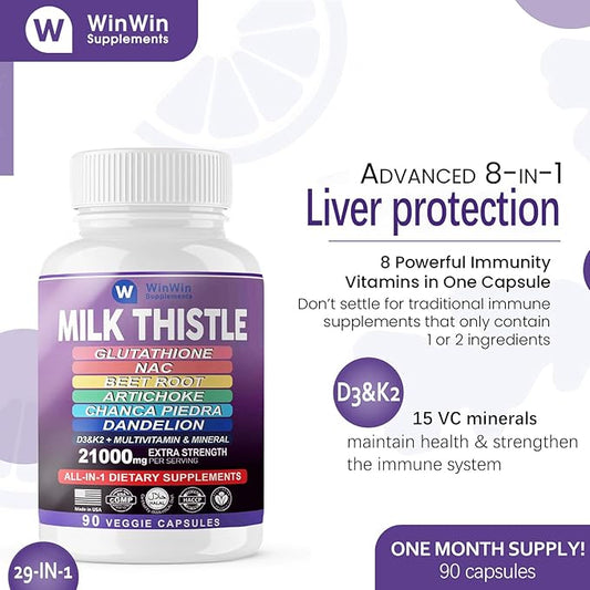 Milk Thistle Supplement 15000mg Organic Artichoke D3&K2 vitamins (29-IN-1)Made In