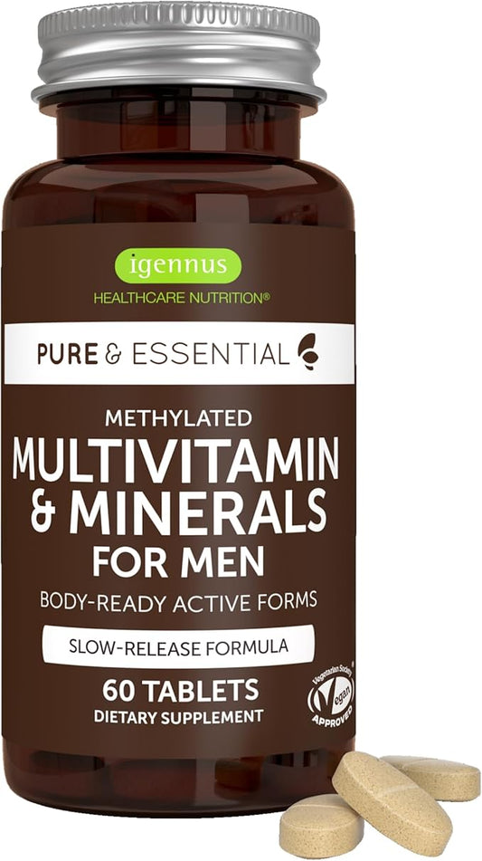 Igennus Methylated Men's Multivitamin, MTHFR Supplement with Active B-Vitamins, 21 Highly Bioavailable Nutrients, Multivitamin for Sustained Release, Clean Label, Non-GMO & Halal 60 Tablets