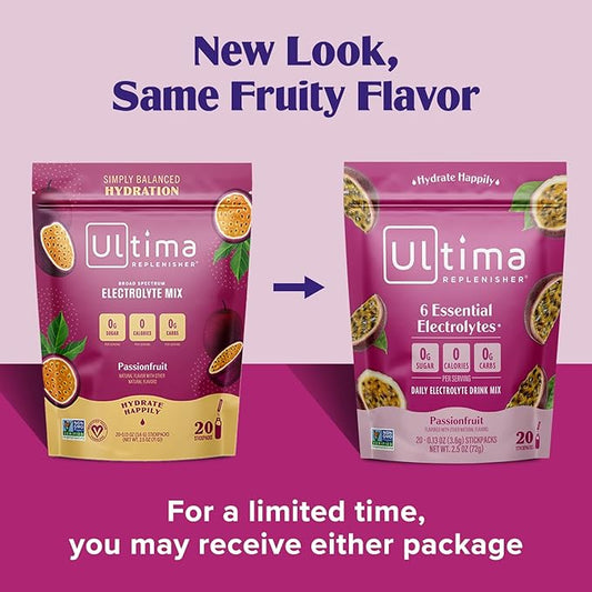 Ultima Replenisher Daily Electrolyte Powder Drink Mix – Passionfruit, 20 Stickpacks – Hydration Packets with 6 Electrolytes and Trace Minerals – Keto Friendly, Non-GMO and Sugar-Free