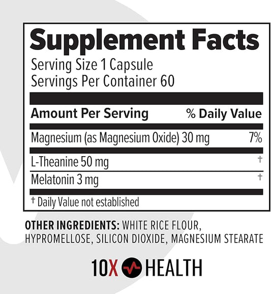 10X Health Sleep Supplement - Magnesium Supplement with L Theanine & Melatonin 3mg for Longer Sleep Support & Relaxation - 3-in1 Sleep Supplements for Adults - 60 Capsules