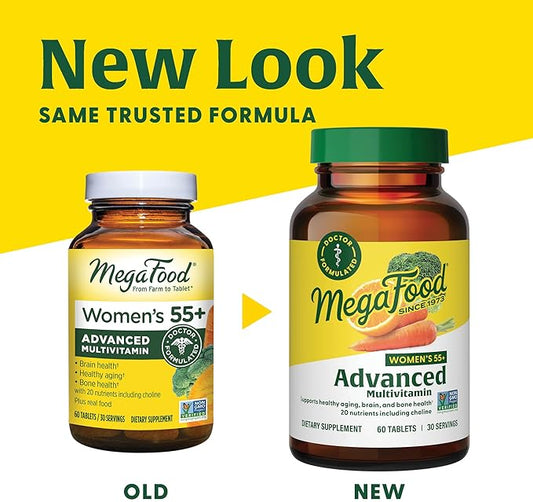 MegaFood Women's 55+ Advanced Multivitamin for Women D3, Vitamin B12, Biotin 60 Tabs (30 Servings)