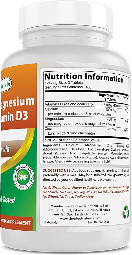 Best Naturals Calcium Magnesium Zinc D3, 300 300 Tablets 1000 mg, 400 mg, 25 mg D3 600 600 IU (3 Tablets)