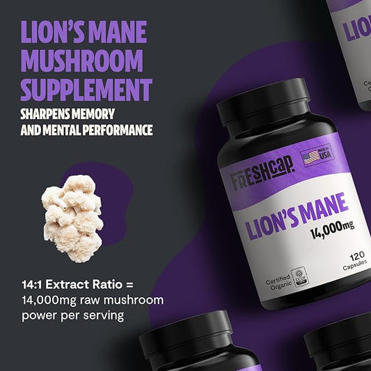FreshCap Lions Mane Supplement Capsules 14,000mg - Lion's Mane Mushroom Capsules, Lions Mane Extract, Lion Mane Mushroom Supplement, Ayurveda Lions Mane Mushroom Capsules (120 Capsules)