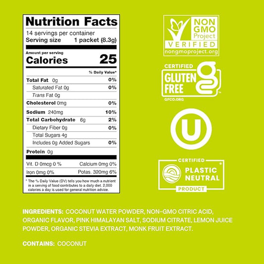Cure Hydrating Plant Based Electrolyte Mix | Powder for Dehydration Relief | Made with Coconut Water | Non-GMO | No Added Sugar | FSA & HSA | Vegan | Gluten Free | Pouch of 14 Packets - Lime