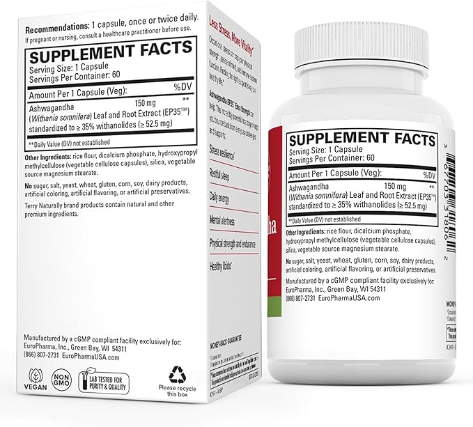 Terry Naturally Ashwagandha EP35 Extra Strength 60 Capsules, 2 - 120 Total