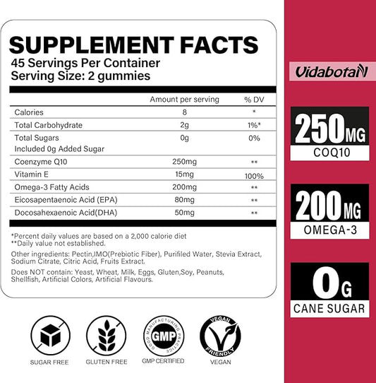 Sugar Free CoQ 10 gummies 250mg Omega-3, High Q10 Supplements 90 chewable