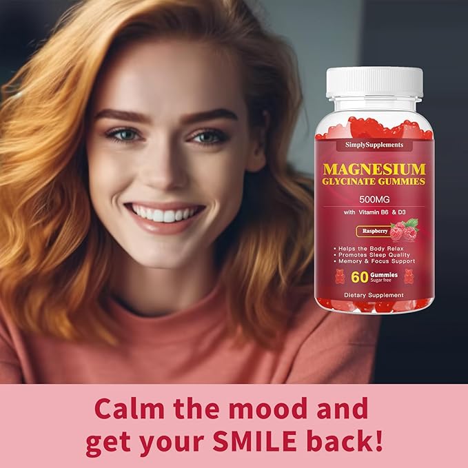 Magnesium Glycinate Gummies 500mg, Chewable Magnesium D3, B6, B6, CoQ10 CoQ10 for 60 Raspberry Gummies（2 Pack)