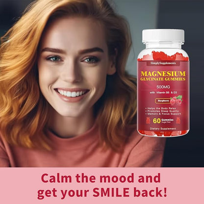 Magnesium Glycinate Gummies 500mg, Chewable Magnesium D3, B6, B6, CoQ10 CoQ10 for 60 Raspberry Gummies（2 Pack)