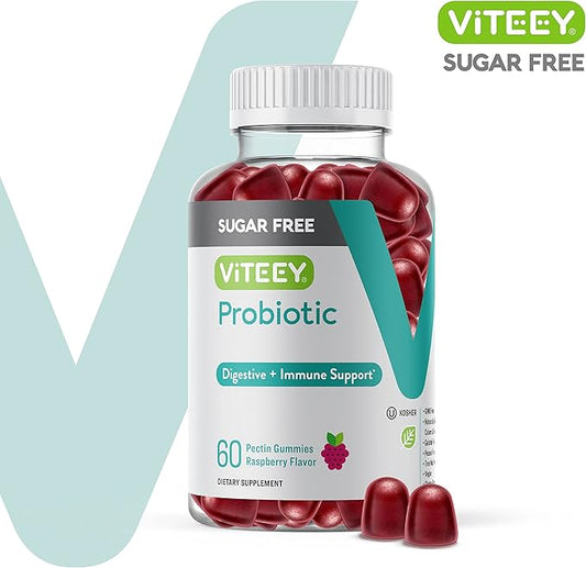 Probiotic Gummies for Women, Men & Teens, 2 Billion CFUs - Sugar Free - Immune Booster, Digestive Support, Gut Health - Vegan, Gelatin Free, GMO Free - Tasty Chewable Raspberry Flavored Gummy