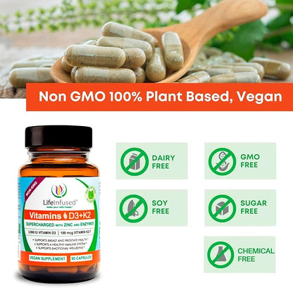 Life Infused Vitamin D3 + K2 Supercharged with Zinc and Enzymes, Help Maintain Healthy Immune System, Bone Health, Emotional Wellbeing, 90 Capsules.