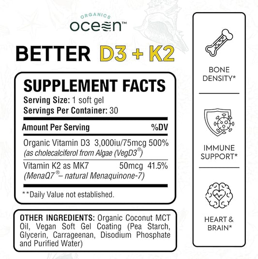 Better D3 + K2-100% Organic VIT D3 and K2 Supplements with Maximum Bioavailability - Supports Bone Density, Calcium Balance, Immunity & Mood - 1-Pack, 30-Day Supply