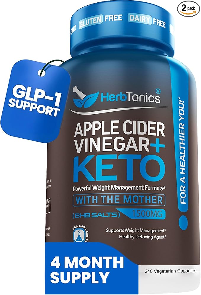 Herbtonics Apple Cider Vinegar with Keto BHB Salts - GLP-1 Support Supplement for Metabolism and Appetite Control, 240 Capsules.