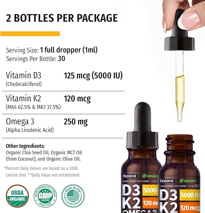 (2 Pack) Organic Vitamin D3 K2 Drops with MCT Oil, Omega 3, 5000 IU - Vitamin D Liquid, No Fillers, Non-GMO D3 for Body’s Defenses and Faster Absorption, Unflavored, 2 Fl Oz