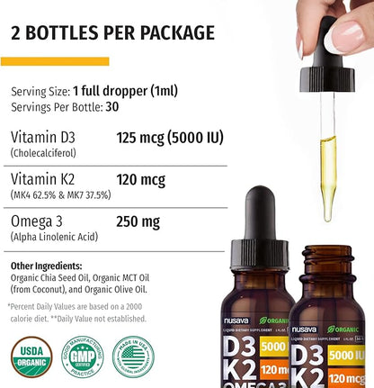 (2 Pack) Organic Vitamin D3 K2 Drops with MCT Oil, Omega 3, 5000 IU - Vitamin D Liquid, No Fillers, Non-GMO D3 for Body’s Defenses and Faster Absorption, Unflavored, 2 Fl Oz