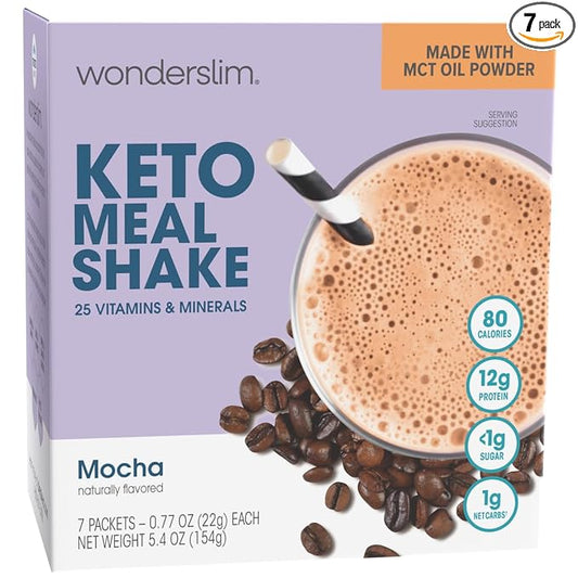 WonderSlim Keto Meal Replacement Shake, Mocha, Low Carb, C8 MCTs, 12g Protein, Collagen, 25 Vitamins & Minerals, Gluten Free (7ct)