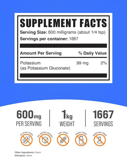 BulkSupplements.com Potassium Gluconate Powder - Potassium Supplement, Potassium Gluconate Supplement, Potassium 99mg - Gluten Free, 600mg per Serving, 1kg (2.2 lbs) (Pack of 1)