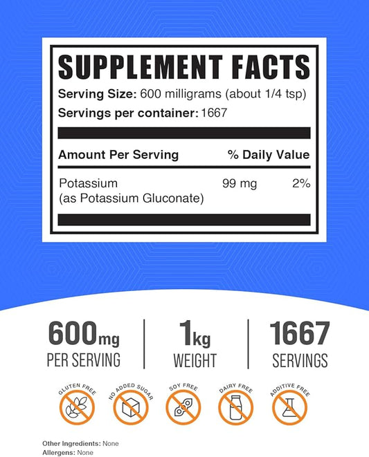 BulkSupplements.com Potassium Gluconate Powder - Potassium Supplement, Potassium Gluconate Supplement, Potassium 99mg - Gluten Free, 600mg per Serving, 1kg (2.2 lbs) (Pack of 1)