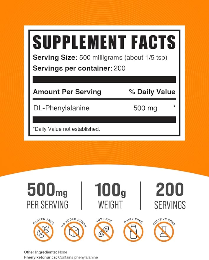 BulkSupplements.com DL-Phenylalanine Powder - DLPA Powder, DL-Phenylalanine 500mg - DLPA Supplements, Amino Acid - Gluten Free, 500mg per Serving, 100g (3.5 oz) (Pack of 1)
