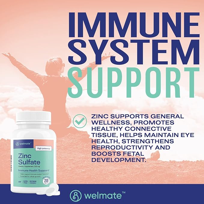 WELMATE Zinc Sulfate 220mg | Dietary Supplement | Immune Health Support | 200 Count Tablets