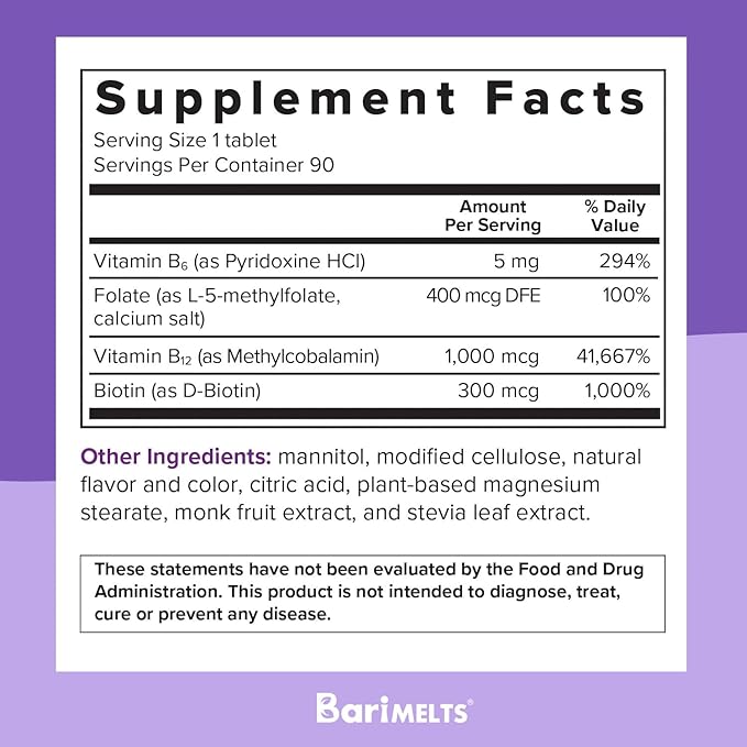 BariMelts Vitamin B12 Plus 3 Month (90 Fast-Dissolving B12, Vitamin B6, Methylated