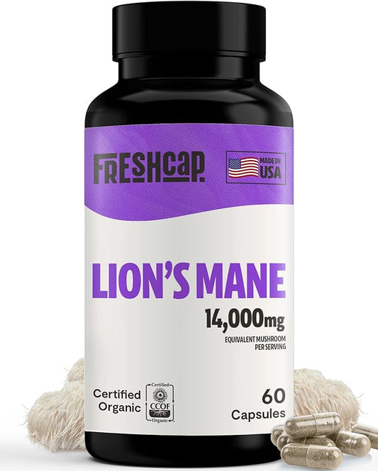 FreshCap Lions Mane Supplement Capsules 14,000mg - Lion's Mane Mushroom Capsules, Lions Mane Extract, Brain Supplements for Memory and Focus, Mood Support, Focus Supplement (60 Capsules)