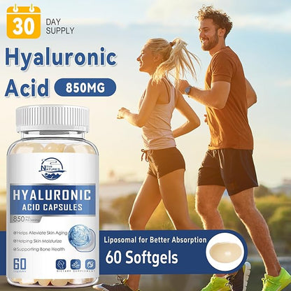 Hyaluronic Acid Supplements, 850mg High Bioavailable Hyaluronic Acid Capsules, Skin Hydration, Hair & Nails Support, 60 Softgels, 1 Pack