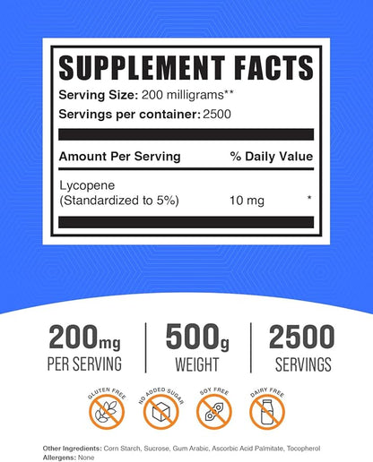BulkSupplements.com Lycopene Powder - Lycopene Supplement, Lycopene 10mg - Antioxidants Supplement, Gluten Free, 200mg per Serving, 500g (1.1 lbs) (Pack of 1)