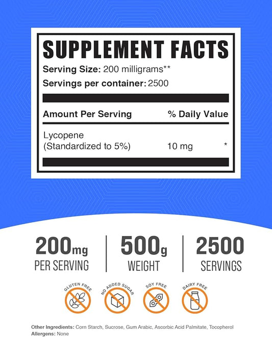BulkSupplements.com Lycopene Powder - Lycopene Supplement, Lycopene 10mg - Antioxidants Supplement, Gluten Free, 200mg per Serving, 500g (1.1 lbs) (Pack of 1)
