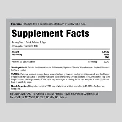 Piping Rock Beta Carotene 25000 IU Softgels 7500 mcg 100 Count