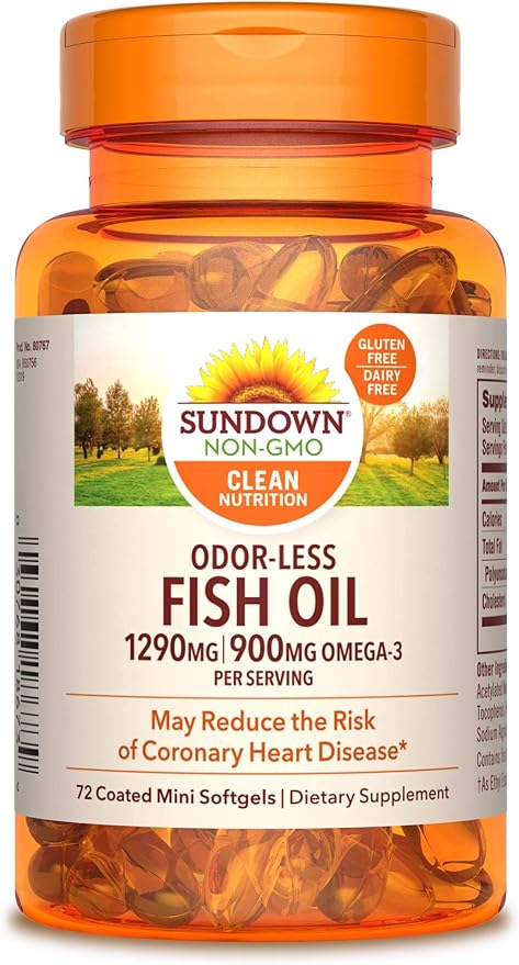 Sundown Odorless Fish Oil, 1290mg, Omega 3 Dietary 72 Coated