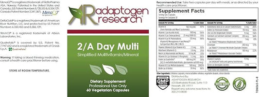 2/A Day Multi | Adult Multivitamin Supplement Iron-Free with Active Folate Quatrefolic, Chelated Minerals, Vitamins A, B6, C, D, E, K, Riboflavin, Thiamin | 60 Vegetarian Capsules