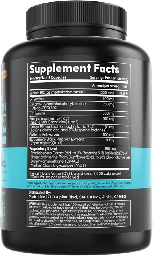 12-in-1 Nootropic Brain Supplement w/ Caffeine Anhydrous: Ginkgo Biloba for Brain Support, Memory & Focus - B12, Alpha GPC, L Theanine & Choline Supplements with Bioperine with 1321mg, 60ct (2 Pack)