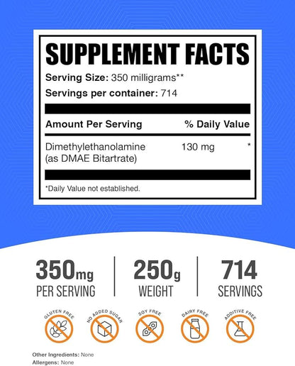 BulkSupplements.com DMAE Bitartrate Powder - Dimethylaminoethanol Bitartrate, DMAE Supplement - DMAE Powder, Gluten Free, 350mg per Serving, 250g (8.8 oz) (Pack of 1)