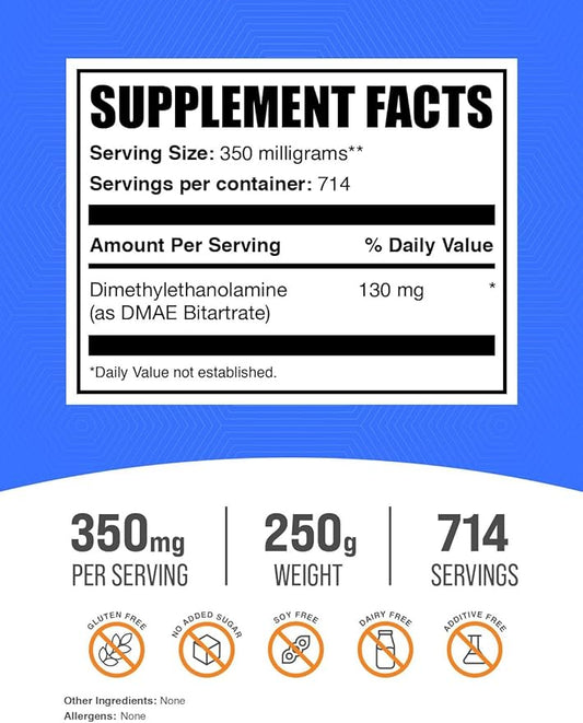 BulkSupplements.com DMAE Bitartrate Powder - Dimethylaminoethanol Bitartrate, DMAE Supplement - DMAE Powder, Gluten Free, 350mg per Serving, 250g (8.8 oz) (Pack of 1)