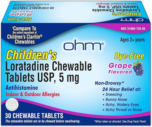 Ohm Children’s Chewable Tablets, Dye Free, 24h Antihistamine, 5mg, 30 30 Tablets (30 Count)