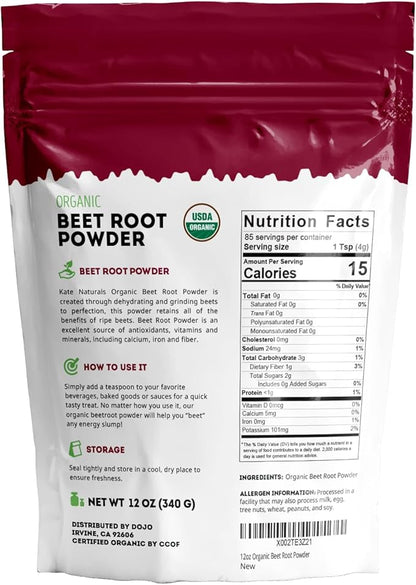 Kate Naturals Beet Root Powder for Baking & Smoothies (12 oz) USDA Organic Beetroot Powder & Nitric Oxide Supplement for Increase Energy & Stamina Pre Workout. Gluten Free Organic Beet Powder