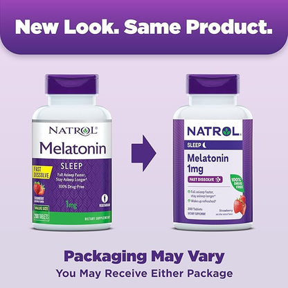 Natrol Melatonin 1mg, Strawberry-Flavored Dietary Supplement 200 Fast-Dissolve 200 Day