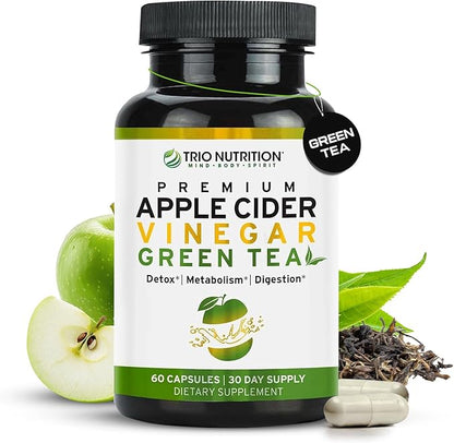 TRIO NUTRITION Apple Cider Vinegar Capsules with Green Tea - Natural Sugar Free Apple Cider Vinegar Pills with The Mother for Body Cleanse, Immune, Weight Management & Metabolism Support*