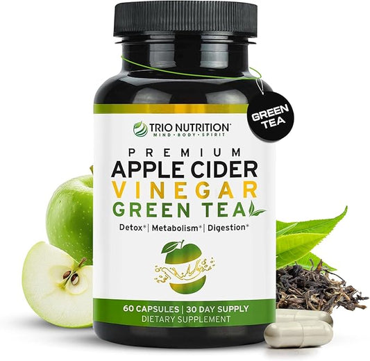 TRIO NUTRITION Apple Cider Vinegar Capsules with Green Tea - Natural Sugar Free Apple Cider Vinegar Pills with The Mother for Body Cleanse, Immune, Weight Management & Metabolism Support*